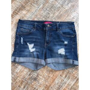 Wax Jeans Mid Rise Dark Wash Distressed Cuffed Stretchy Denim Shorts Size Medium